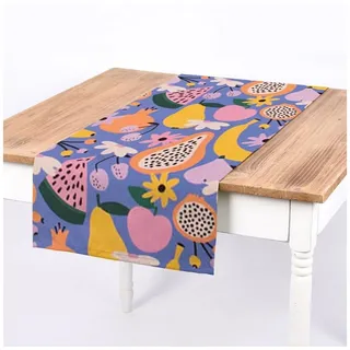 SCHÖNER LEBEN. Tischläufer Tischläufer aus Baumwolle Retro Pop Obst Blumen lila bunt 40x160cm, made in Germany,handmade,Digitaldruck gelb|lila|rosa