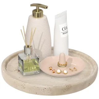 XINFUHUA Travertin-Tablett, kleines Keramik-Schminktablett für Badezimmer-Thekendekoration, runde Marmor-Tabletts für Couchtisch (Beige, mittlere Größe)
