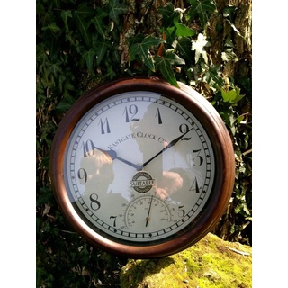 Antikas Wanduhr Uhr im Stil einer Bahnhofsuhr, innen+aussen, Küchenuhr mit Thermometer braun