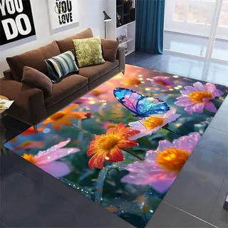 Teppich mit Blumen Schmetterlings, Bunt Schmetterlings Teppich für Mädchen Frauen Zimmer, Weicher Bettvorleger, Waschbarer Innenteppich für Wohnzimmer, Schlafzimmer, Badezimmer, 80x160 cm, Color 2