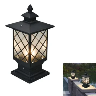 Vintage Sockelleuchte Schwarz Aluguss und Glas Schirm Außen-Leuchte Rustikal E27 Gartenlampe Wasserdicht IP44 Sockellampe Säulelampe Pollerleuchten für Terrassen Garten Balkon Rasen Wegeleuchte