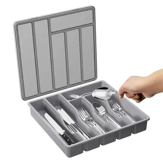Generisch Besteck Organizer Besteck Tablett Mit Deckel, Schubladen Utensilien Aufbewahrungstablett, 6 Fächer, Abgedeckter Besteck Und Besteckkasten