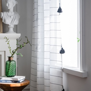 Epinki Halbtransparent Voile Vorhänge Ösen 132x240cm(BxH), Streifen Quaste Schwarz Weiß Transparente Vorhänge Schal aus Voile Polyester, Dekoschal für Schlafzimmer