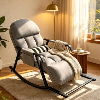 Schaukelstuhl Wohnzimmer Relaxsessel XXL, Schaukelsessel Outdoor | 5-Fach Verstellbare Rückenlehne und Fußstütze, Loungesessel bis 150 kg,Waschbarer Bezug, Stillsessel für Schlafzimmer, Balkon