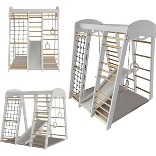 Spielplatz indoor, Klettergerüst aus Holz für Kinder, Kinderrutsche, Sprossenwand, Turnringe, Kletterwand, Klettergerüst Kinderzimmer - Weiß