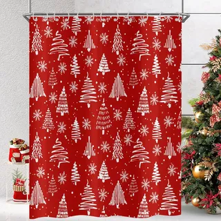 Hnmdmyi Duschvorhang Weihnachten 180x180, Rot und Weiß Weihnachtsbaum Winter Schneeflocke Happy New Year Urlaub Badewanne Vorhang Wasserdicht Polyester Stoff Waschbar Badevorhang mit Haken