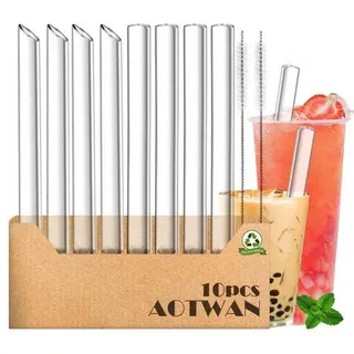 AOTWAN Bubble Tea Strohhalme,Glas Strohhalme Wiederverwendbar,10 Stück Enthalten 4 Schräges Port+4 Lange Boba Tea Glasstrohhalme+2 Reinigungsbürste