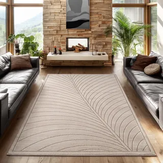 SIMPEX Kurzflor Teppich 280x370 cm XXL Beige Wohnzimmer, Schlafzimmer, Küche, 3D Hoch-Tief-Effekt, Skandinavisch Boho Motiv, für Outdoor Bereich geeignet Terrassen oder im Balkon