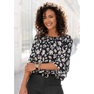 LASCANA Carmenbluse mit Alloverdruck aus gewebter Viskose schulterfreie Damenbluse, Volantbluse, Blusenshirt mit 3/4-Ärmeln schwarz 44