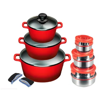 KING Topf-Set ALUGUSS, Aluminiumguss (Set, 9-tlg., je 1 Kochtopf mit Deckel 16/20/24 cm), Glasdeckel, Induktion,Keramikantihaftbeschichtung rot