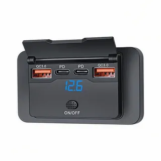 BlueXP Wohnmobil USB Ladegerät 4 Port 72W 12V PD QC3.0 Steckdose | KFZ Einbau Ladegerät mit 4 USB Ports USB C PD und QC3.0 Schnellladung Spannungsanzeige und Schalter für Camper und LKW