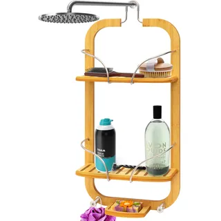 SereneLife Duschablage zum Hängen, Shampoo Halterung für Dusche aus Bambus, Duschregal ohne Boren, 3-stöckig Duschkorb zum Hängen, Hängeregal Bad mit 62.5cmH, Duschorganizer mit Lackierte Oberfläche