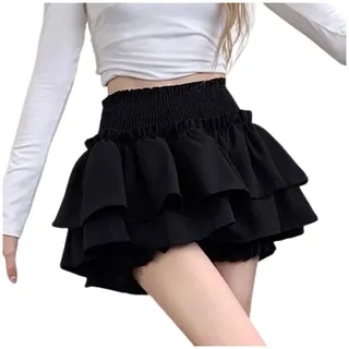 Faltenrock Damen Kurz - Damen Rüschen Faltenrock Kurzer Mini Rock Hohe Taille Mehrlagige Kurz Röcke Sommer A-Linie Minirock Casual Einfarbig Rock Volant Rock mit Gummibund Strandrock Sport Plisseerock