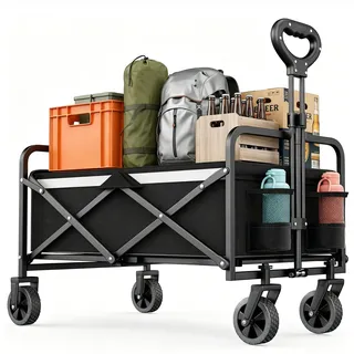 Helangel Bollerwagen Faltbar 70L/70KG Tragkraft – mit Bremsen, Handwagen mit Klappbarem Griff & Abnehmbaren Rädern, Faltbarer Bollerwagen für Camping, Strand, Garten, Einkauf (70L)