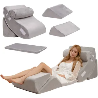 Costway 6-teiliges orthopädische Kissen-Set, Memory-Schaum-Keilkissen mit Abnehmbarer Kopfstütze, bequemes und verstellbares Lesekissen Bettkeilkissen Rückenstützkissen zum Schlafen Lesen