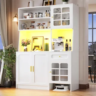 Merax Küchenschrank Buffetschrank, Sideboard mit LED, Küchenbuffet Vorratsschrank mit Arbeitsplatte, Glastüren, Schublade, Offene Fächer, Mehrzweckschrank für Wohnzimmer Küche, Moderner Stil, Weiß
