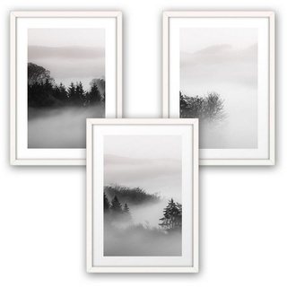 Poster, Landschaft, Natur, Wald, Nebel, schwarz-weiß (Set, 3 St), 3-teiliges Poster-Set, Kunstdruck, Wandbild, optional mit Rahmen, wahlw. in DIN A4 / A3, 3-WP050