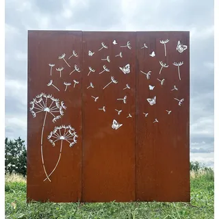 STEINFIGURENWELT GIEBEN Edelrost 3er Sichtschutz Motiv Pusteblume mit Samen und Schmetterling 165 cm x 150 cm Paravent zum Stecken Schild Gartenstecker Edelrost Gartendeko Wetterfest Rost Metall Zaun