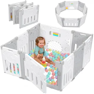 Dripex Laufstall Baby Faltbar, Kompaktes Laufgitter Baby mit verstellbarer Form, Playpen & Laufgitter & -ställe, Erweiterbar mit Tür und Spielbrett für Innen/Außen (10 Panels/115x115cm/GrauWeiß)