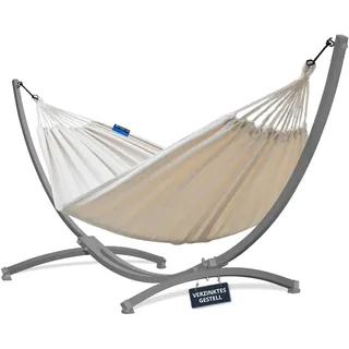 Potenza Outdoor Hängematte mit Verzinkter Gestell für 2 Personen I Baumwolle Doppelhängematte XXL 220x160, 200kg I Hängemattengestell 220kg, wetterfest (Ecru, Gestell Grau)