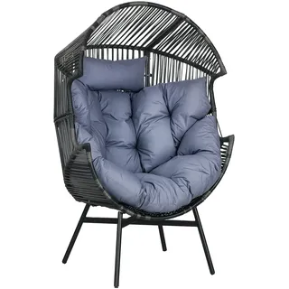 Rattansessel, Rattan Korbsessel mit dickem Sitzkissen für Terrasse Grau