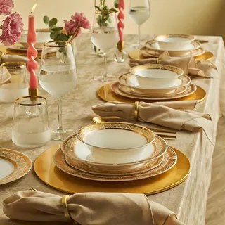 Elegantes 24-teiliges Geschirrset, 100% Porzellan, Gold & Weiß | Enthält Servierteller, Speiseteller, Kuchenteller und Schüsseln | Spülmaschinenfest, nicht mikrowellengeeignet