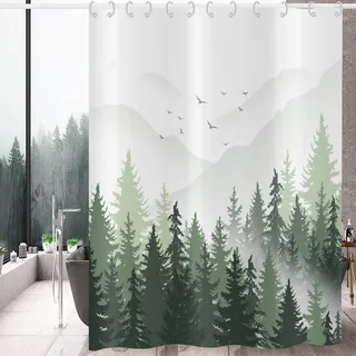 Hnmdmyi Duschvorhang Grün 180x180, Nebliger Wald Berg Natur Baum Pflanze Waldland Dekorative Badewanne Vorhang Wasserdicht Polyester Stoff Waschbar Badevorhang für Badezimmer mit Haken
