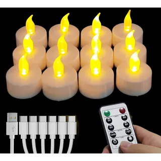 Wiederaufladbare Led Teelichter, 12 Stück Wiederaufladbare Kerzen Flackernd mit Fernbedienung und Timer,Mit 6-Port USB Ladekabel LED Kerzen für Hochzeiten Partys Halloween warmem Gelb