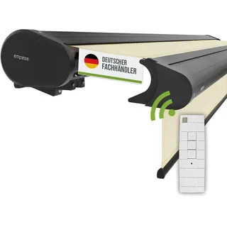empasa Elektrische Vollkassettenmarkise 'Premium' Kassettenmarkise Gelenkarmmarkise Markise Sonnenschutz mit manuell ausfahrbarem Volant, komplett vormontiert, Farbe:Elfenbein, Größe:4 x 3 m