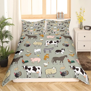 Homemissing Kuh Bettbezug Set Karikatur Katze Hund Pferd Bettwäsche Set 155x220cm für Kinder Jungen Mädchen Zimmer Bauernhof Tier Sammlung Dekor Betten Set Bauernhaus Stil 2St Reißverschluss