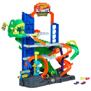Hot Wheels Ultimate T-Rex Garage mit 2 Spielzeugautos und Platz für mehr als 50 Autos JHL98