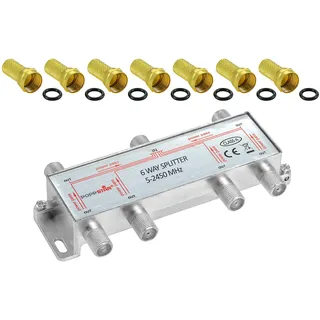 Poppstar Sat-Verteiler Splitter Umschalter 6-Fach inkl. F-Stecker (analog/digital/BK/unicable/HD/4K tauglich) für TV, Satellit, Fernseher, Radio, LNB