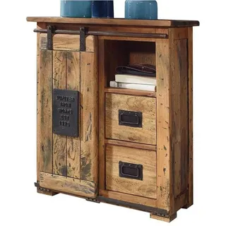 Massivart® Sideboard EMANUEL 75 cm / Massivholz Mango / 1 Rolltür, Türapplikation aus Gusseisen / Beschläge und Schienen aus Eisen beige