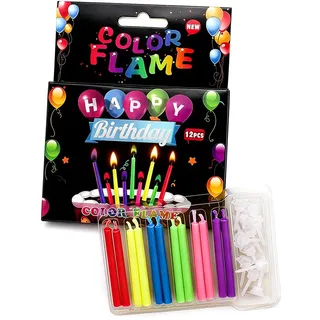 NiceNaiils 12 Stück Geburtstagskerzen mit Bunten Flammen - Kreative Farbige Flamme Kuchenkerzen für Party & Geburtstag - Inkl. Halter - Bunte Kerzen für Kuchen Deko & Besondere Anlässe