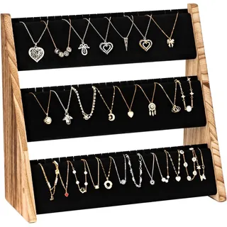Emfogoo Kettenständer, 3 Stufig Kettenhalter mit Samt, Holz Ketten Aufbewahrung zum Verkauf, Schmuckständer für 72 Ketten, Armbänder Anzeige(Rustikal Braun)