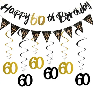 60 Geburtstag Deko Set mit Happy Birthday Banner und Girlande Spiralen, Edle Geburtstagsdeko Schwarz Gold Party Deko 60 Geburtstag Mann Frau für Männer Frauen 60. Geburtstagsfeie