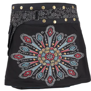 Guru-Shop Minirock Wickelrock, bestickter kurzer Goa Rock, Cacheur.. alternative Bekleidung grau|schwarz