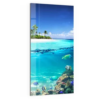 DEQORI Glas-Magnettafel | 50x100 cm groß | Motiv Insel im tropischen Meer | Memo-Board aus Glas | Magnetboard inkl. Magnete, Stift & Tuch für Küche & Büro | Tafel magnetisch & beschreibbar