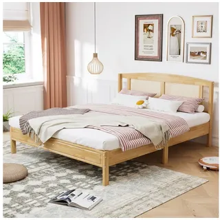 REDOM Holzbett Rattanbett Gästebett Doppelbett (Rattannetzkissen, mit 15 Latten und Mittelfüße, Kiefer + PE-Rattan, 160X200cm), ohne Matratze beige
