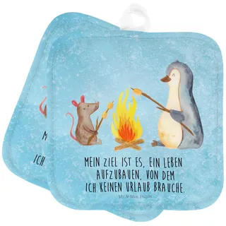 Mr. & Mrs. Panda Topflappen Pinguin Lagerfeuer - Geschenk, Topfuntersetzer, Neustart, Topflappenset, Ofenhandschuh, Topflappen lustig, Arbeit,