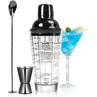 SAVORLIVING 14oz Glas Cocktail Shaker Set, Margarita Mixer Shaker mit eingebautem Sieb und Messbecher & Mischlöffel Set, Professionelles Barwerkzeug-Set für Barkeeper und Anfänger (Schwarz, 3PCS)