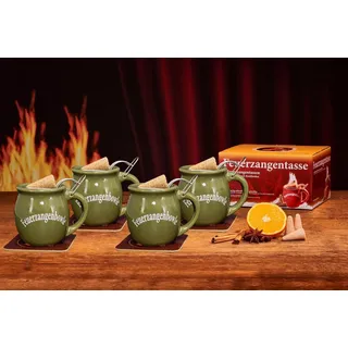 Feuerzangentasse Bowle-Set Feuerzangentasse 4er-Set (Feuerzangenbowle Set, 9-tlg., 4x Feuerzangentasse, 4x Korkuntersetzer, 1x Rezeptheftchen), hitzebeständige Keramik, Edelstahl-Feuerzange grün