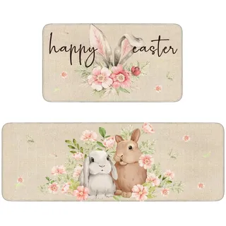 Xsinufn Küchenteppiche und -matten, Motiv "Happy Easter", 2er-Set, Motiv: Frühlingshäschen, Blumen, Kaninchen, rutschfest, waschbar, Küchenbodenmatte, Dekoration für Zuhause, Küche, 45,7 x 121,9 cm +