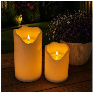 Online-Fuchs LED-Kerze 2 LED Solar Bodenkerzen, aufladbar für draußen - Lampen Outdoor (Creme oder Weiß, realistische Kerzenflamme), 20 und 30 cm hoch, 16 cm im Durchmesser