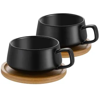 2er Set Cappuccino Tassen mit Unterteller, 300 ml Kaffeetassen, Espressotassen aus Steingut für Tee Kaffee Cappuccino, Kaffeebecher mit Holzscheibe, Schwarz
