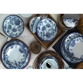 Elegant 24-Piece Dinner Set, 100% Porcelain, Blue & White | Includes Service Plates, Bowls, Dessert Plates | Dishwasher & Microwave Safe, Perfect for Any Occasion