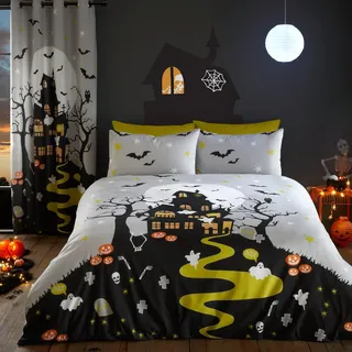 Bedlam - Halloween Spukhaus Bettwäsche - Einzelbett (140 x 200cm) - Leuchtet im Dunkeln - Spukhaus Motiv Bettwäsche - Halloween Dekoration für Kinderzimmer - Passender Vorhang erhältlich
