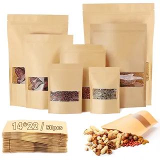 50 Stück Kraftpapier Tüten 14X22cm Kekstüten Papier Wiederverwendbar Papiertüten mit Fenster Kraftpapiertüten für Nüsse Kaffeebohnen Teeblätter Süßigkeiten Snacks