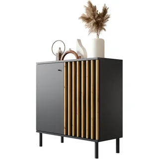 Newroom Kommode Schwarz Wildeiche Lamellen Sideboard Flur Wohnzimmer | 2 Türen, anthrazit matt, Metallbeine, Highboard Anrichte Kommodenschrank, Holzwerkstoff, modern vintage, für Schlafzimmer