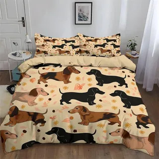 Srigzcaly Bettwäsche Set 135x200 cm, Zeichentricktiere Dackel Wendebettwäsche Mikrofaser, Braun Bettbezug mit Reißverschluss - Allergiker Weiche pflegeleicht atmungsaktiv hautfreundlich Deckenbezug